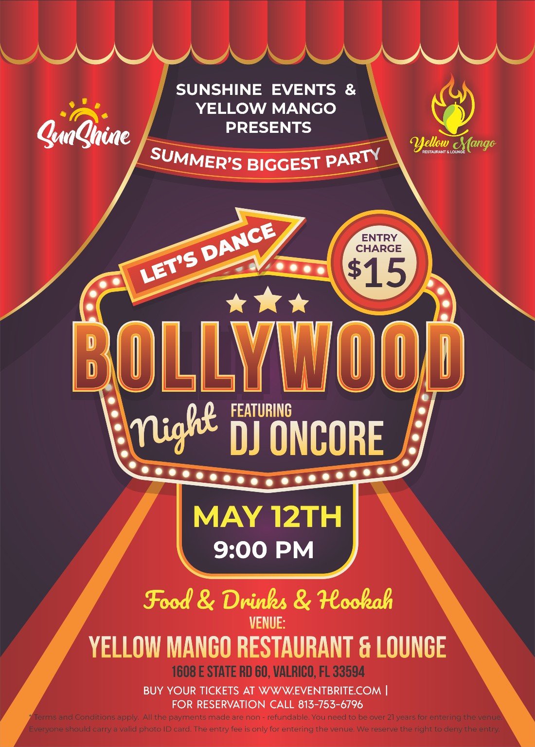 Bollywood Night at Brandon (Tampa) Tickets | Yellow Mango Restaurant & Lounge, Valrico, FL | May