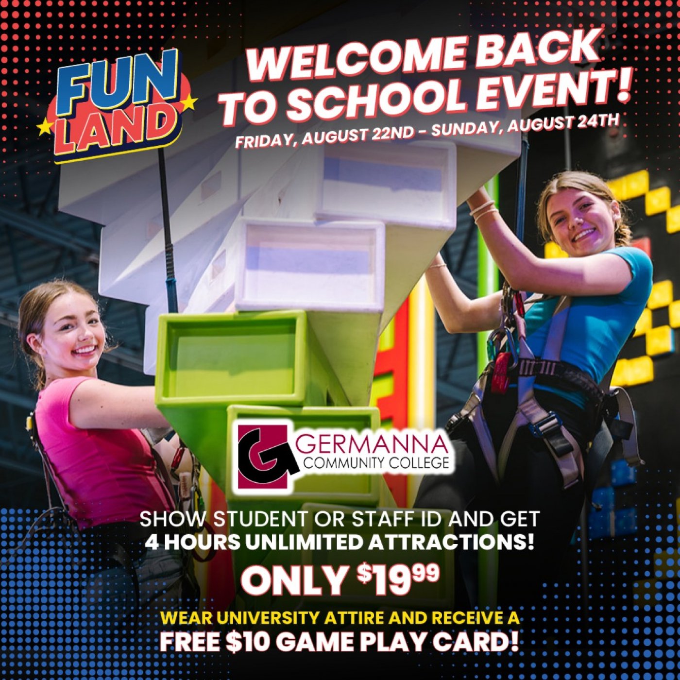 University of Mary Washington & Germanna - Welcome Back to School Event at Fun Land Fredericksburg