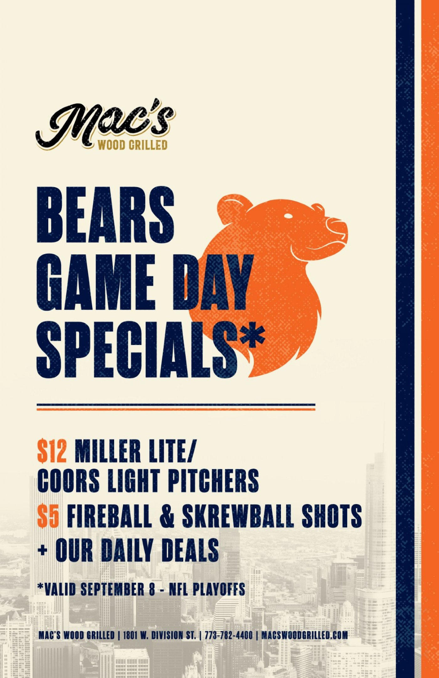 Chicago Bears Viewing Parties at Mac\u2019s Wood Grilled