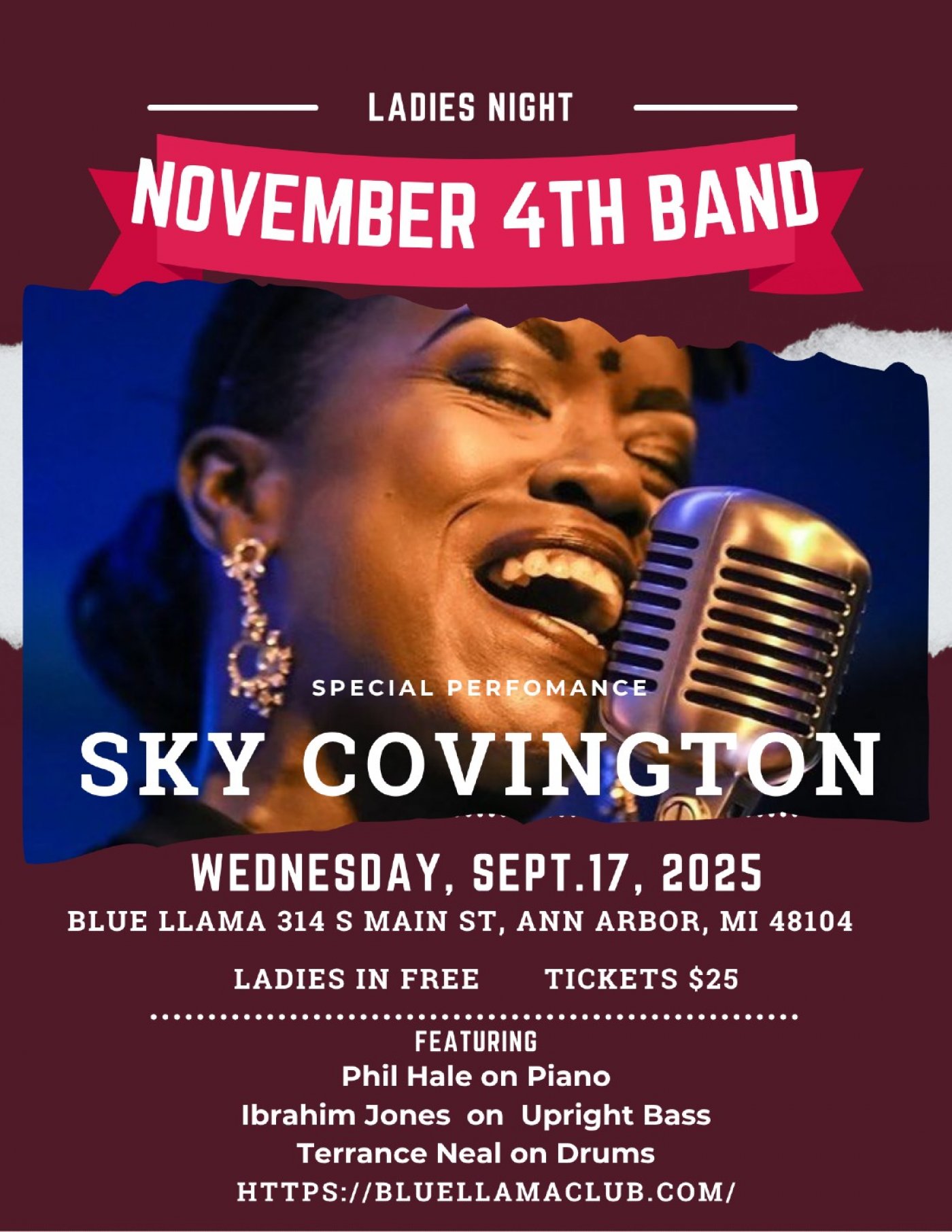 Blue LLama Jazz Club Presents Ladies Night: Sky Covington & November 4th Band