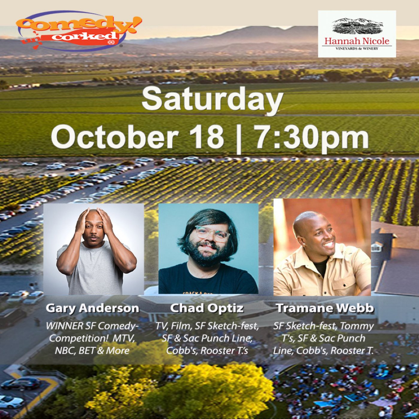 Comedy Uncorked @Hannah Nicole Vineyards with Gary Anderson, Chad Optiz & Tramane Webb